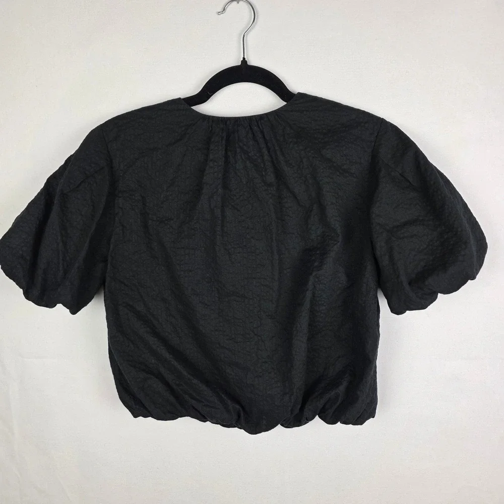 AYR The Puffy Top Black Textured Cotton Puff Sleeve Bubble Hem Crop Blouse Small - Picture 3 of 7
